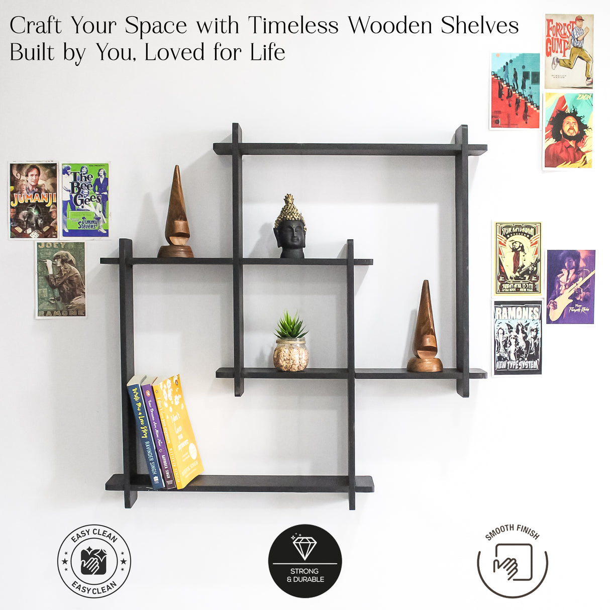 Wooden Square Floating Wall Shelf (Black) - Modern Storage Solution for Home Decor