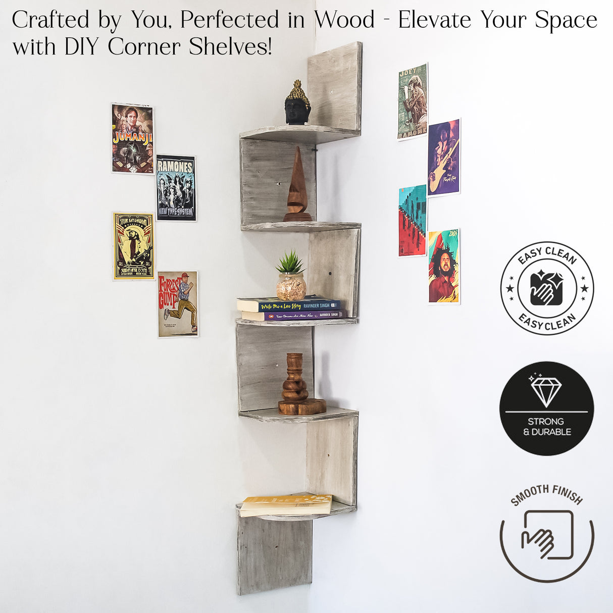 5-Tier Floating Corner Wall Shelf – Modern Storage Organizer Shelf (Gray)