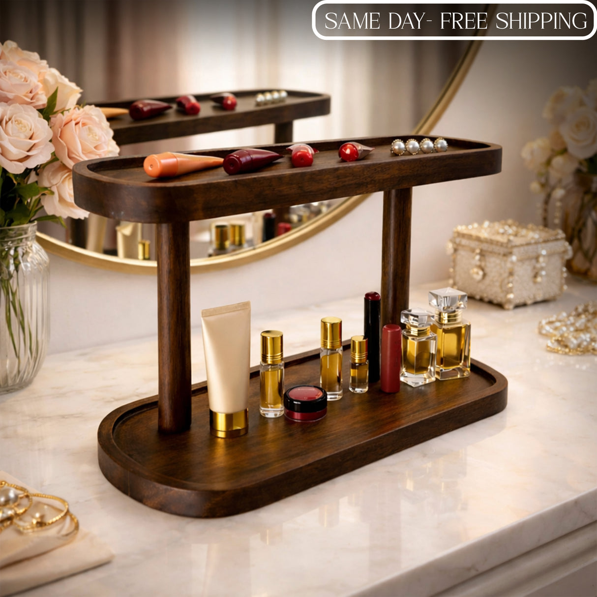 2-Tier Wooden Makeup Organizer for Vanity – Cosmetic, Skincare & Perfume Countertop Storage