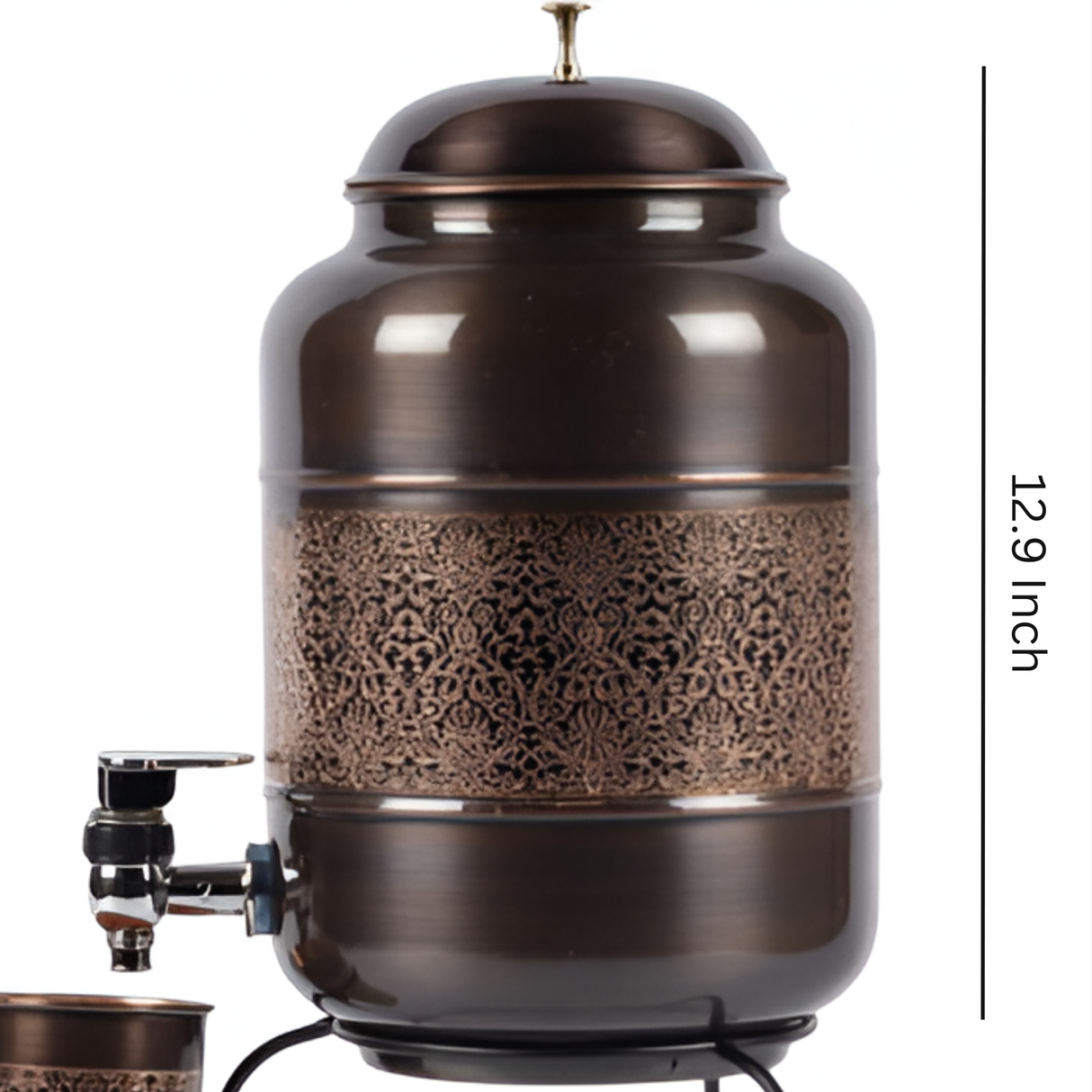 Antique Royal Black Copper Water Dispenser with Stand & Cup – Leak-Proof, Home Decor