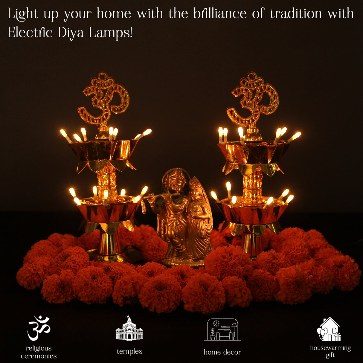 Saleberate Electric Golden LED Diya Lamp with Om Design | Multi-Layer Temple Pooja Diya Light for Home, Mandir & Festivals