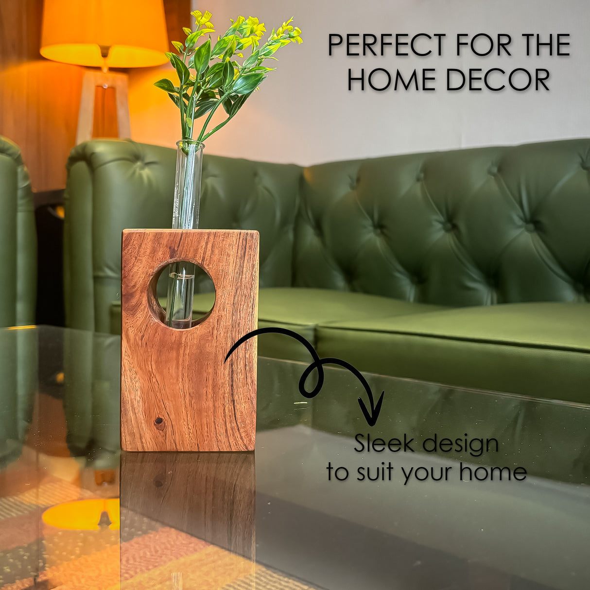 Wooden Vase with Glass Tube Planter for Indoor Plants and Home Decor