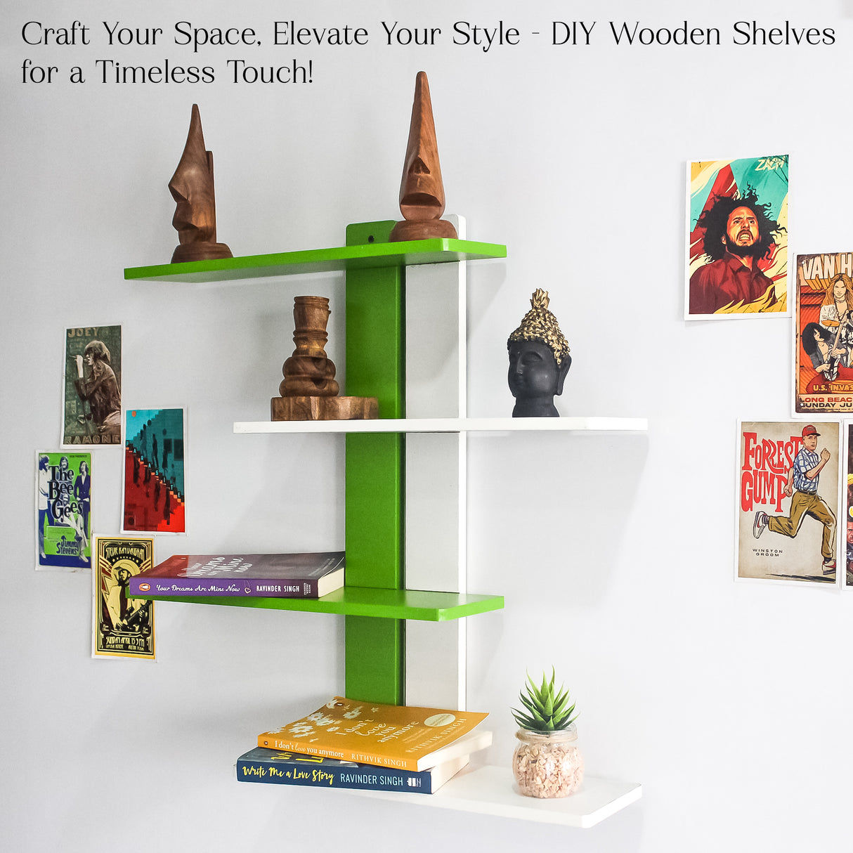 Green Modern Wooden Floating Wall Shelf – Space-Saving, DIY Storage & Display Shelf