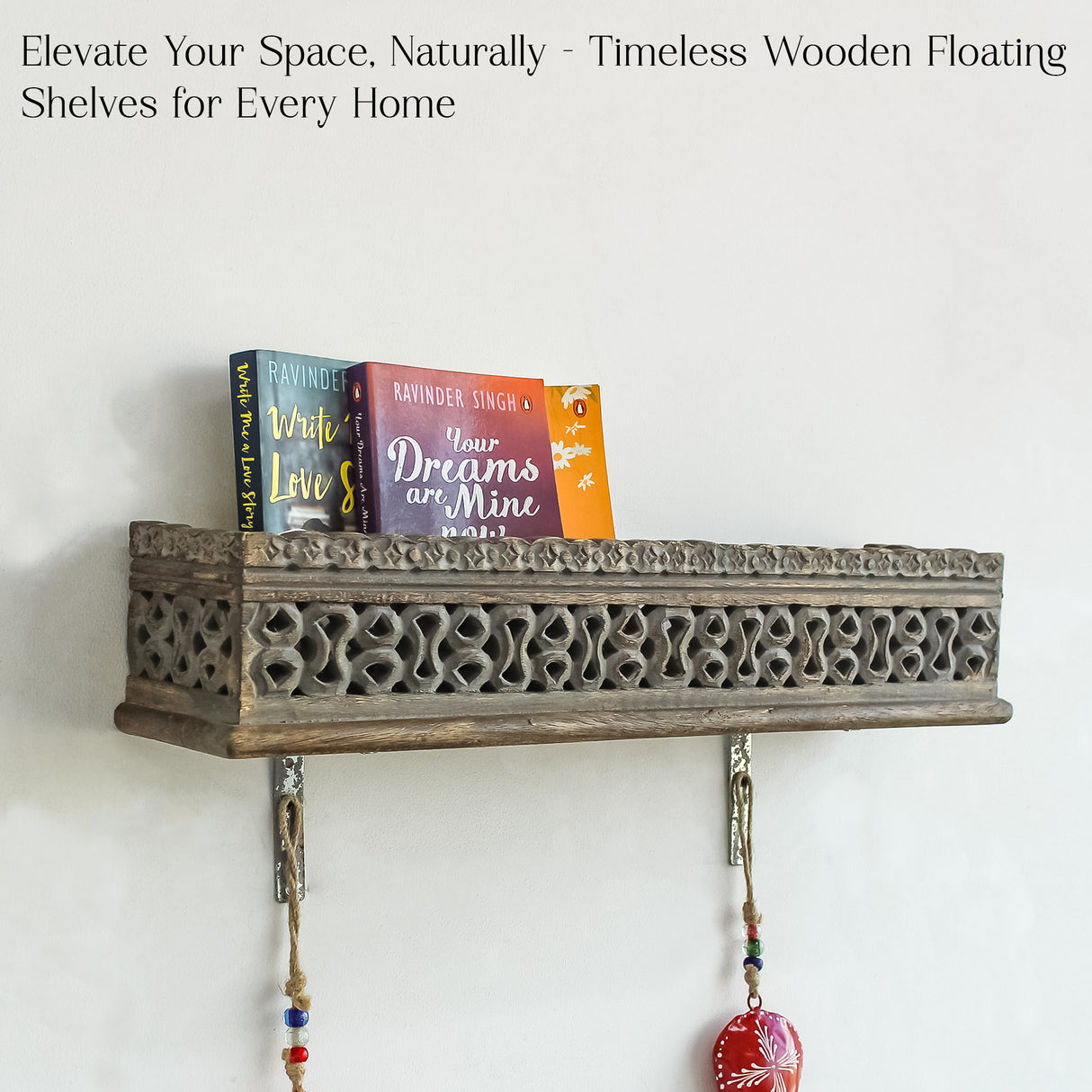 Handcrafted Grey Wooden Wall Shelf with Intricate Carvings for Home Decor