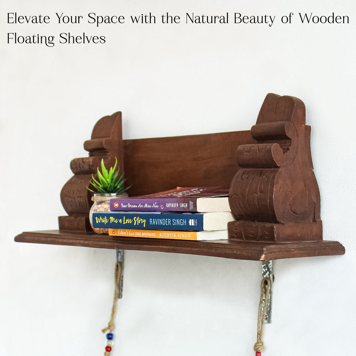 Antique Distressed Brown Wooden Wall Shelf with Ornate Vintage Carvings