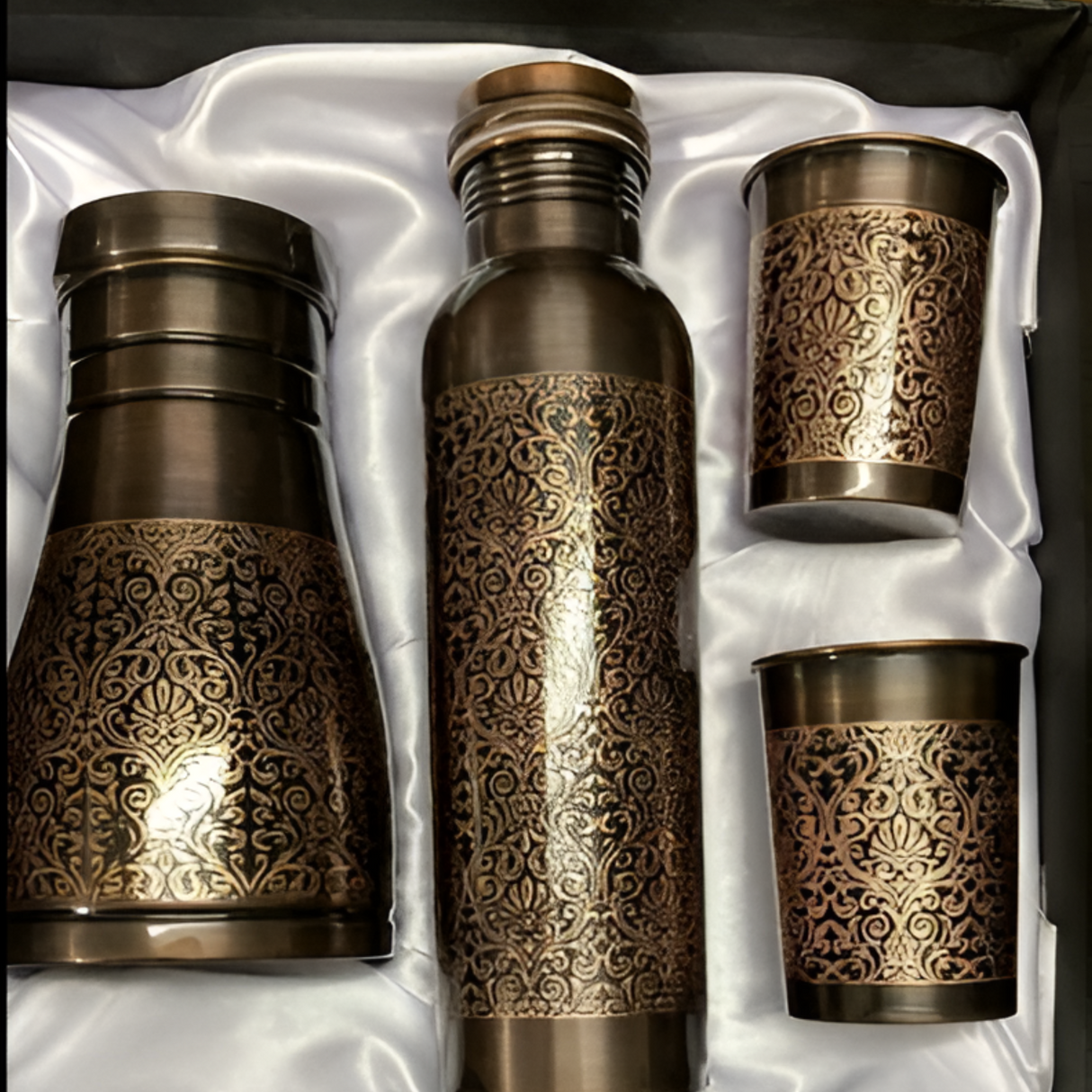 Pure Copper Water Bottle Set with 2 Glasses & Sugar Pot - Health Benefits