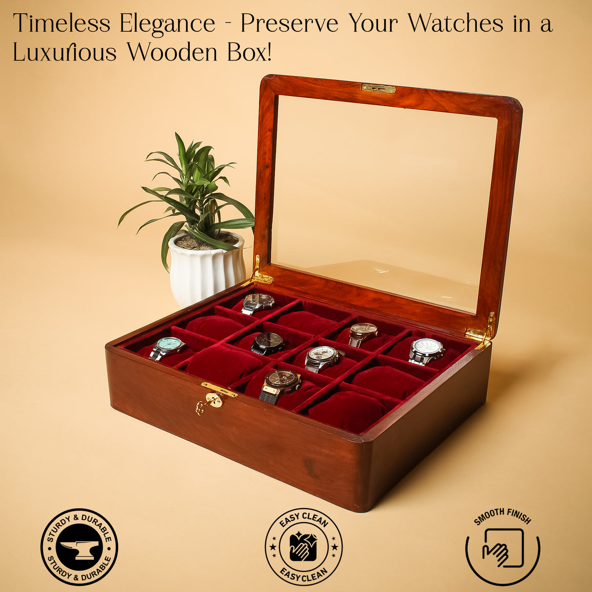 Premium Acacia Wood Watch Box, 12-Slot Luxury Watch Organizer with Key Lock.