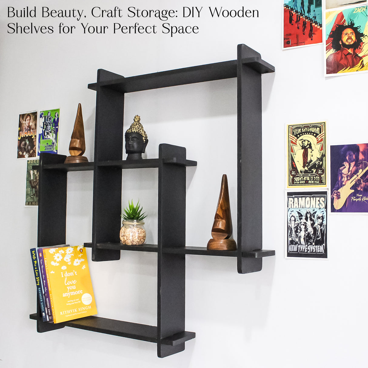 Wooden Square Floating Wall Shelf (Black) - Modern Storage Solution for Home Decor