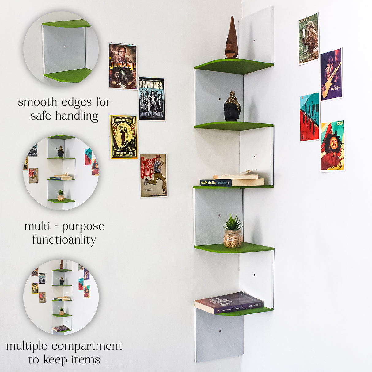 5-Tier Floating Corner Wall Shelf – Storage Organizer Shelf (Green & White)
