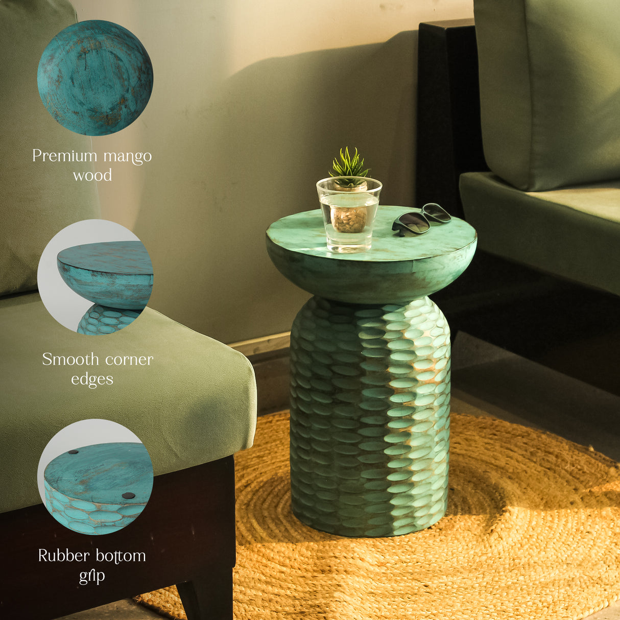 Vintage Mango Wood Side Table (13"x13"x17") - Rustic Accent for Living Room