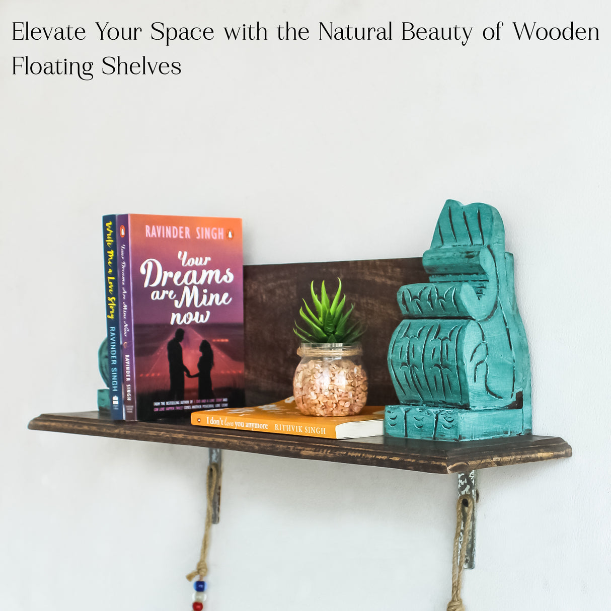 Vintage Distressed Wooden Wall Shelf - Blue | Rustic Floating Shelf with Carvings