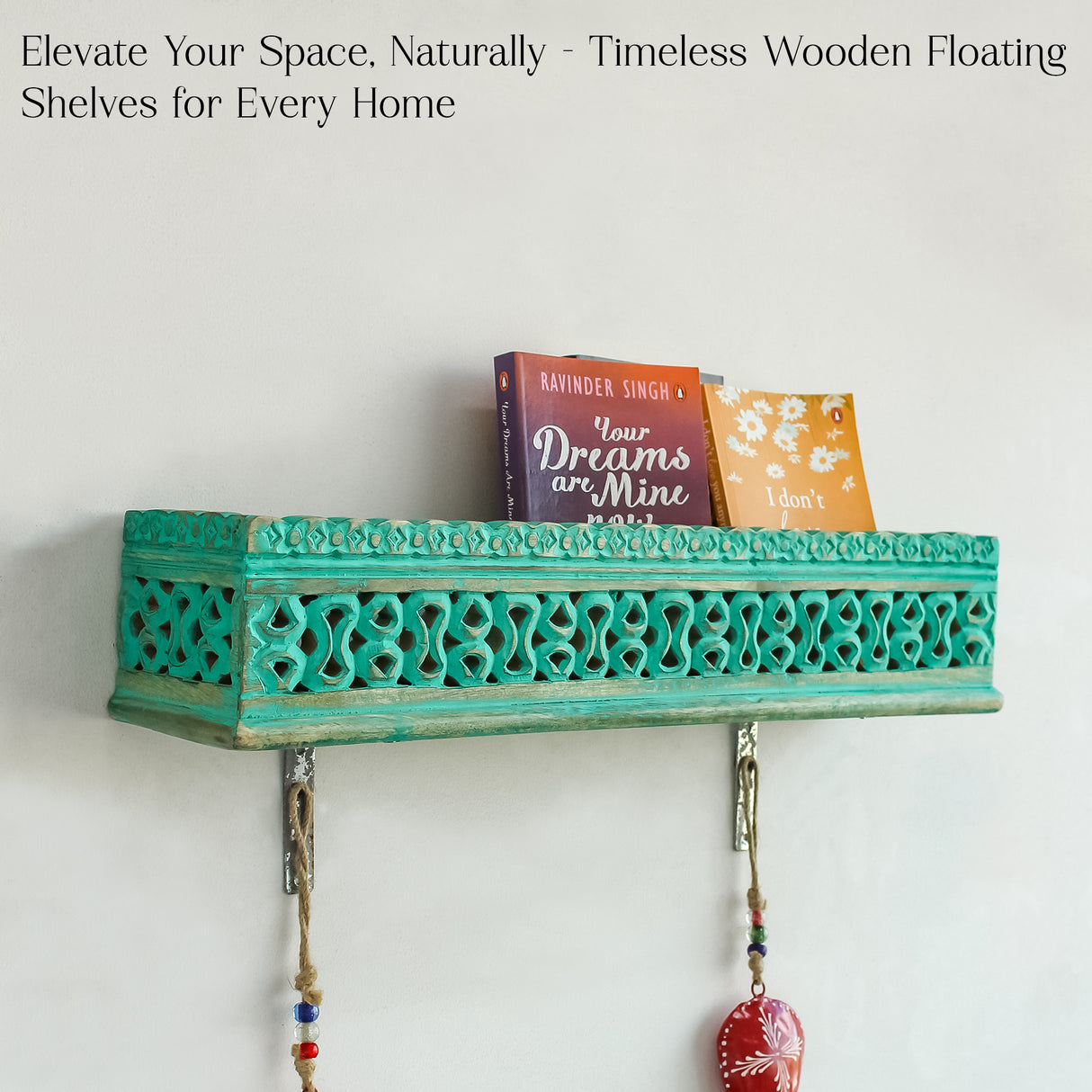 Green Handcrafted Wooden Wall Shelf with Intricate Carvings for Home Decor