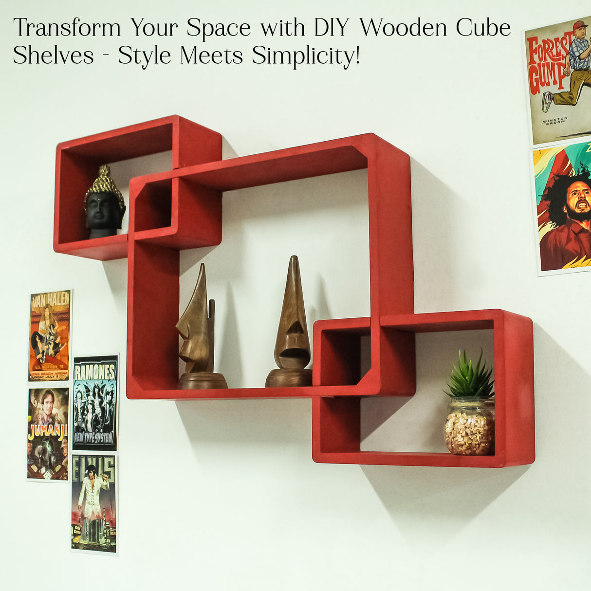 Cube Floating Wall Shelves, 3 Square Red Decorative Shelves for Home Storage and Display