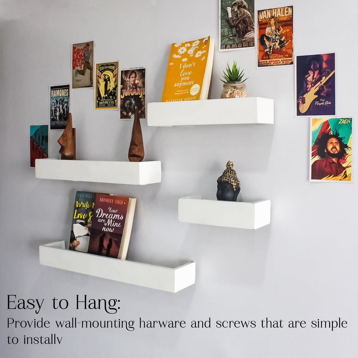 Modern 4-Piece Wooden Floating Wall Shelves for Home Decor & Storage