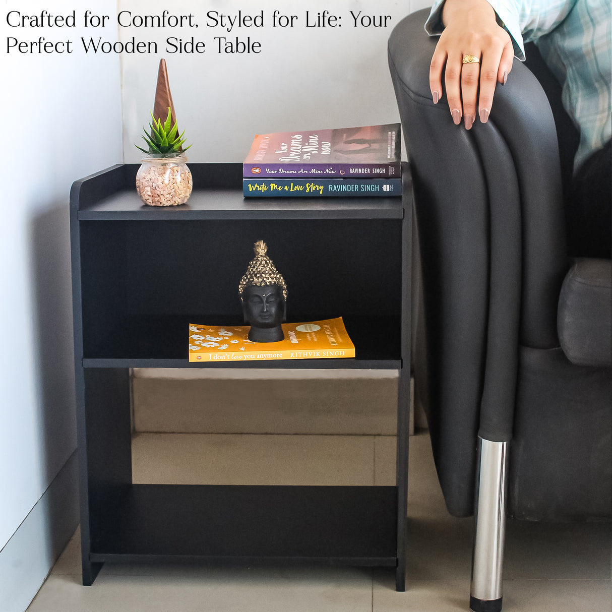 Elegant Wooden DIY Side Table with Storage & Shelves Modern Black