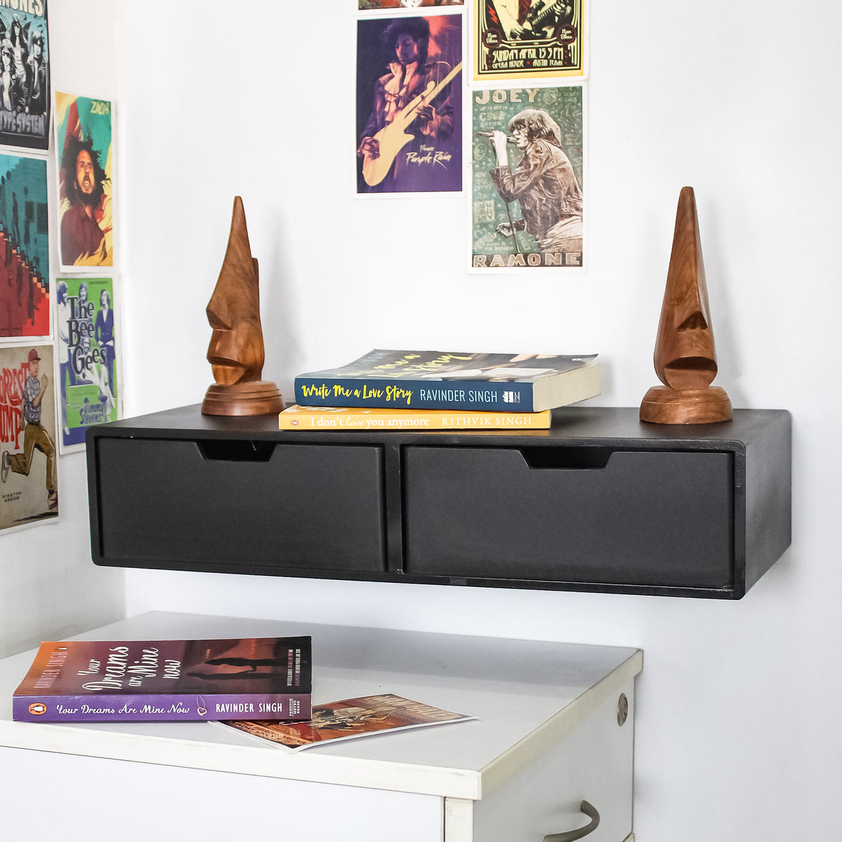 Modern Floating Wooden Dual Drawer - Wall-Mounted Storage Shelf (Black)