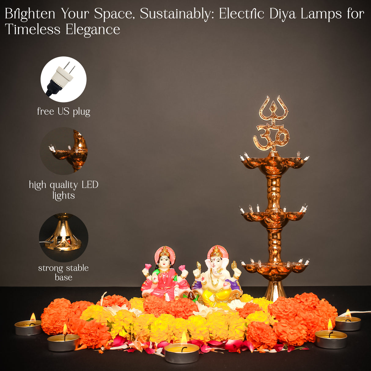 Get FREE Wall Hanging | Electric Diya Lamp for Mandir Décor | OM & Trishul Design | Multi-Level Deepam Vilakku for Diwali, Pooja, Temple, and Home Décor