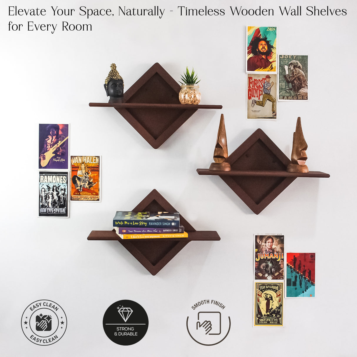 3-Piece Diamond Shaped Wooden Wall Shelf Set – Floating Wall Shelves for Decor