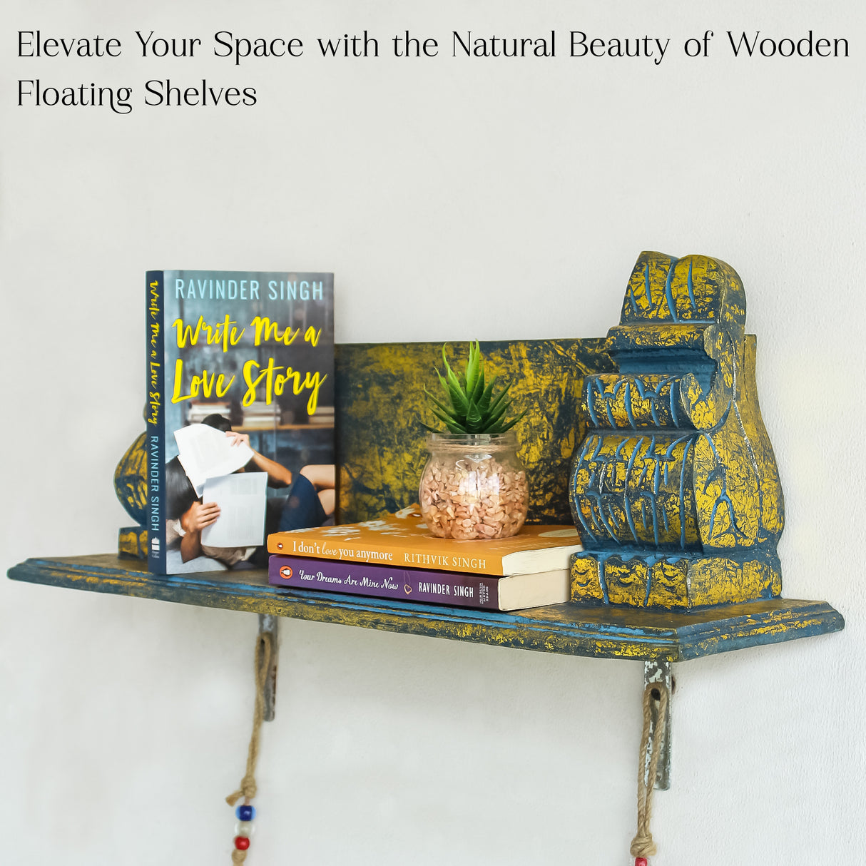 Rustic Blue Wall Shelf, Vintage Wood Distressed Style, Decorative Display