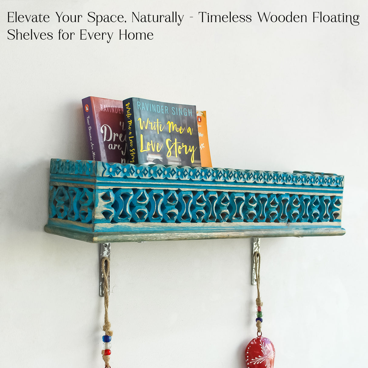 Handcrafted Wooden Wall Shelf with Intricate Carvings (Blue, Rustic, Floating Shelf)