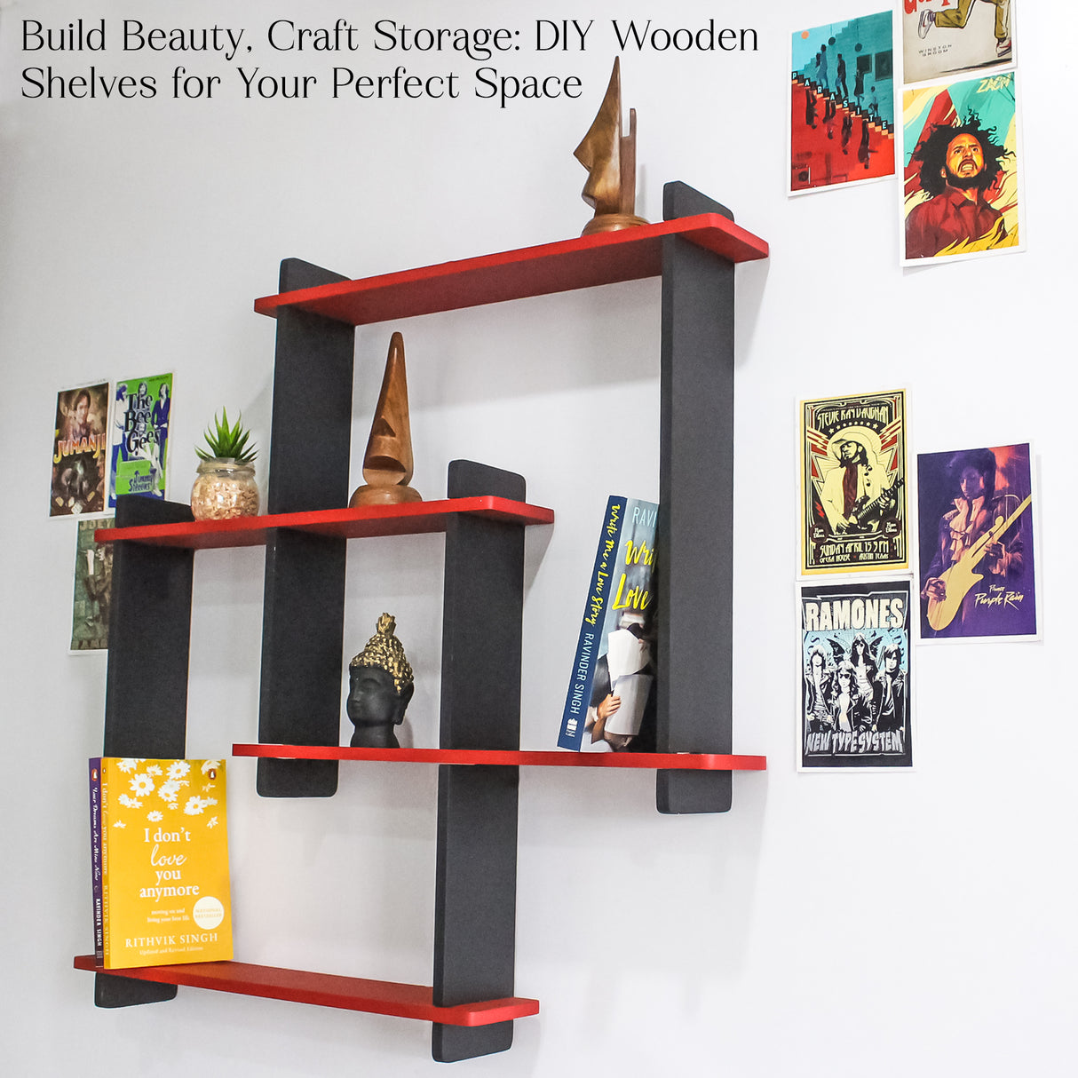 Wooden Floating Wall Shelf, Square Design (Red & Black) for Home Decor