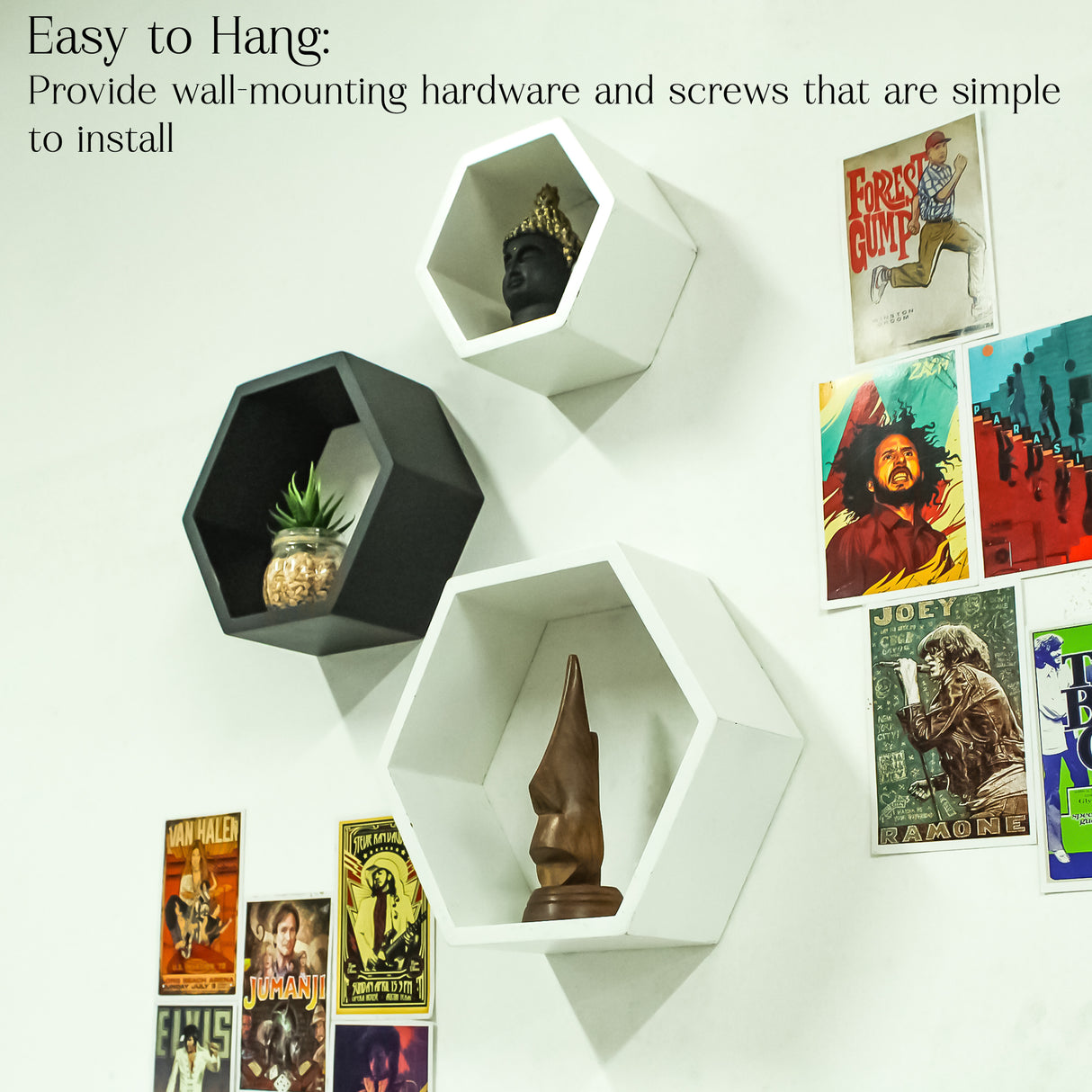 Modern Wooden Hexagon Wall Shelf Set of 3 – Geometric Floating Shelves