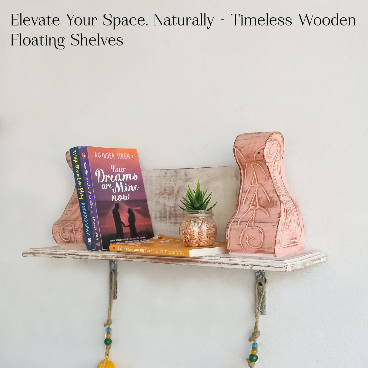 Elegant Hand-Carved Wooden Wall Shelf for Living Rooms (Pink)