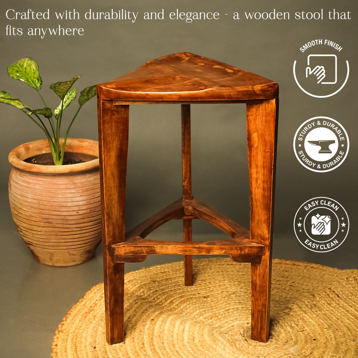 Saleberate Solid Walnut Wooden Triangle Stool - 24 Inch Bar Stool for Home, Kitchen & Café - Handcrafted Wooden Furniture with Premium Finish - Durable & Comfortable Seating