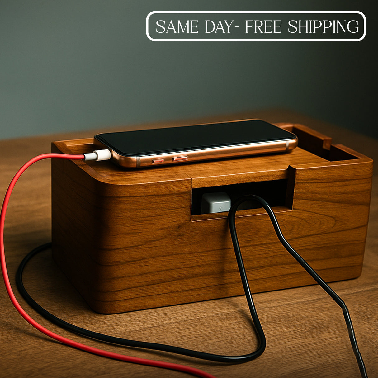 Handcrafted Wooden Cable Management Box - Premium Power Strip & Wire Organizer for Desk and Bedside