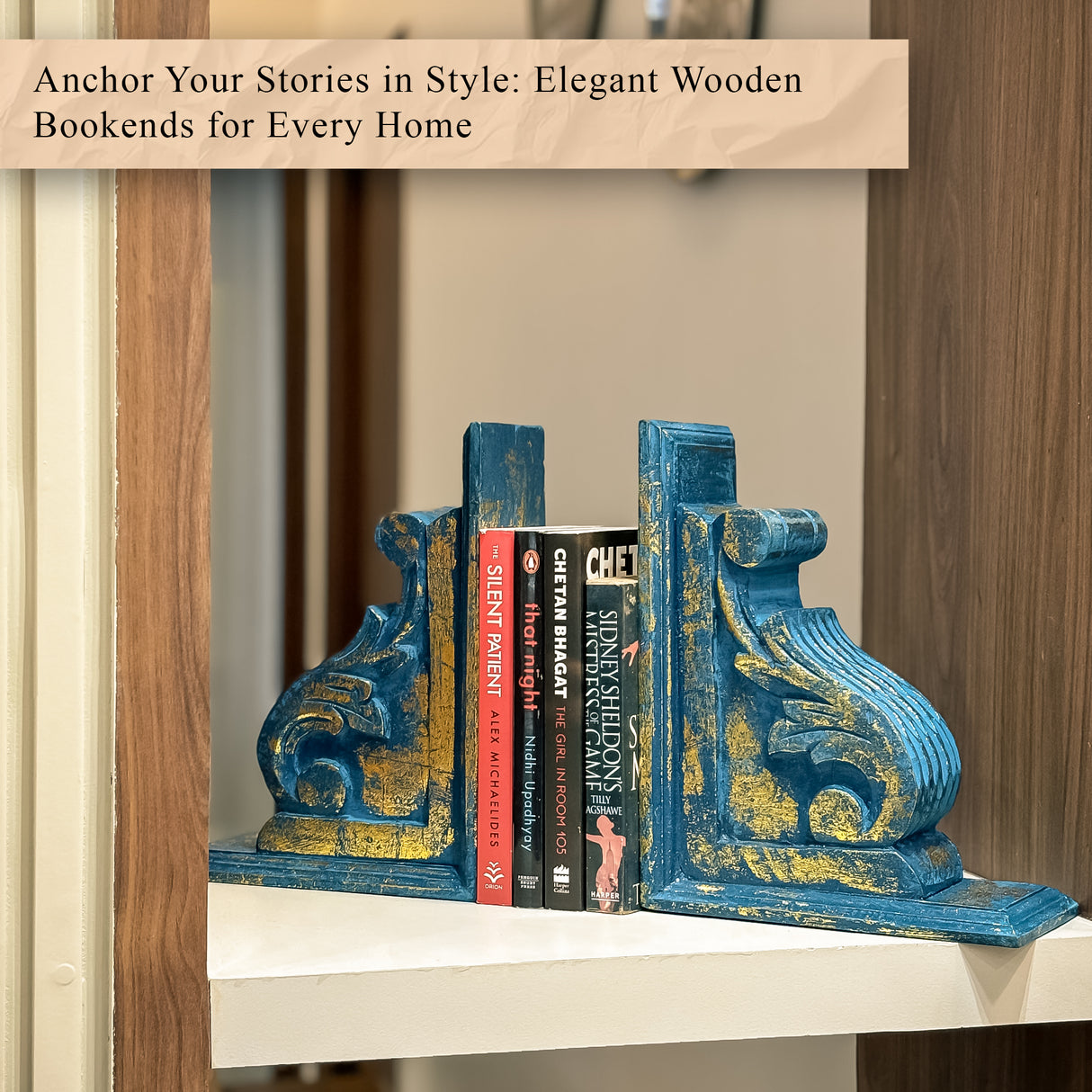 Premium Rustic Wooden Bookends for Living Room, Decorative house Shelf Decor