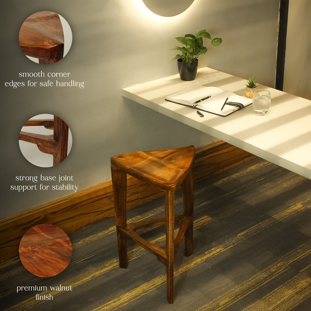 Saleberate Solid Walnut Wooden Triangle Stool - 24 Inch Bar Stool for Home, Kitchen & Café - Handcrafted Wooden Furniture with Premium Finish - Durable & Comfortable Seating