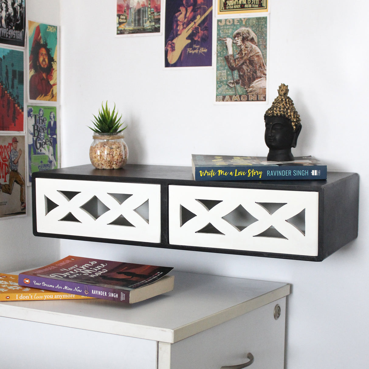 Modern Floating Wooden Dual Drawers, Rustic Wall Shelves for Stylish Home Storage