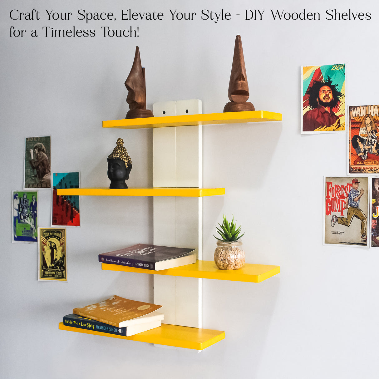 Modern Wooden Floating Wall Shelf (Yellow) - Space-Saving DIY Storage for Home Decor