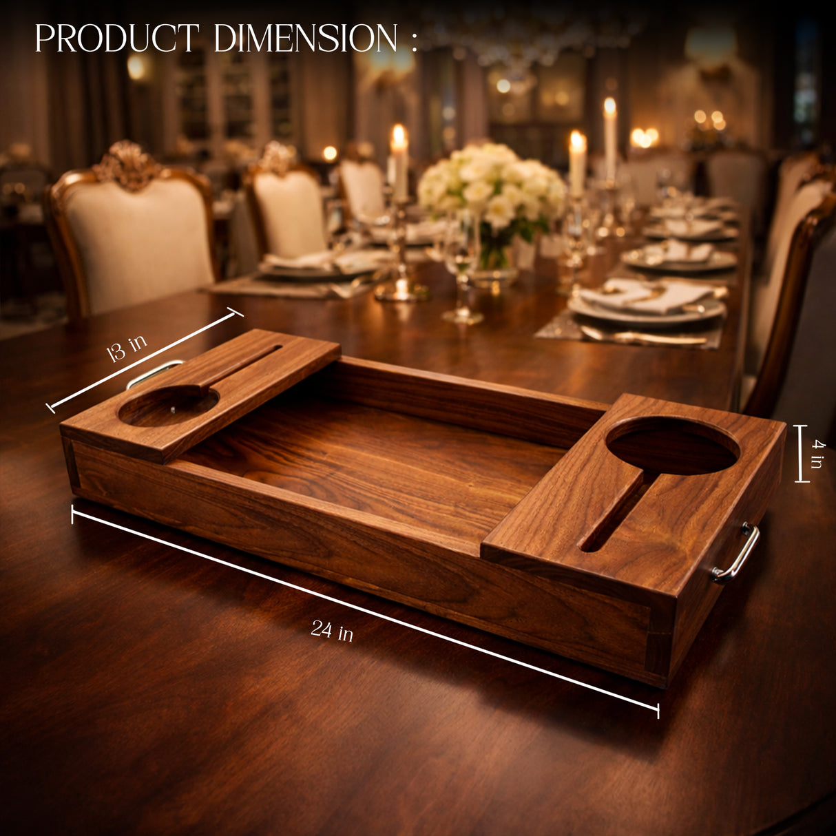 Wooden Wine Serving Tray for Bottle & Glasses – Charcuterie Board with Bronze Handles