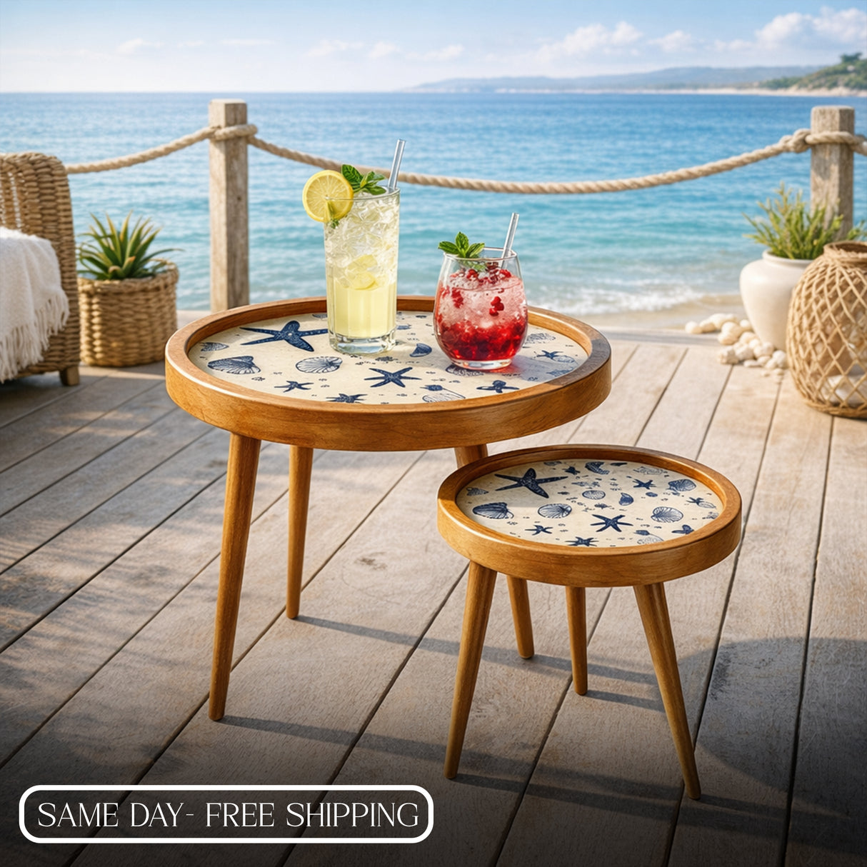 Solid Wood Round Coffee Table Set of 2 with Coastal Seashell & Starfish Print - Handmade Tray-Top Nesting Side Tables for Living Room, Bedroom & Balcony Décor
