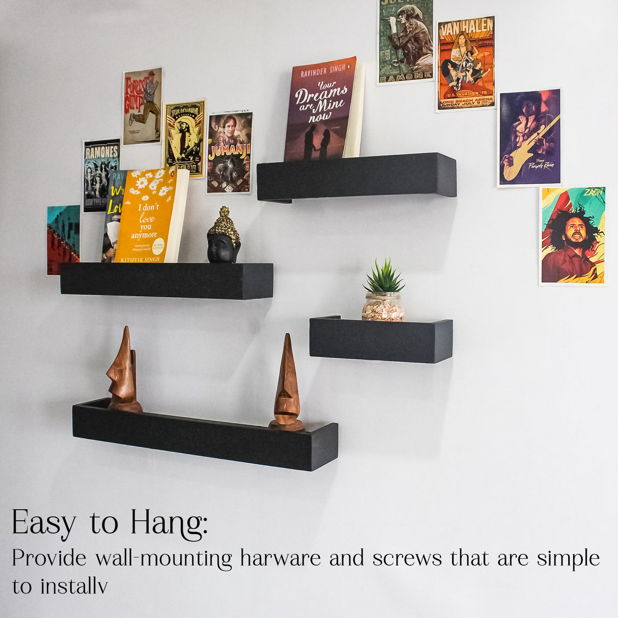Modern 4-Piece Wooden Floating Wall Shelves (Black) – Wall-Mounted Shelves