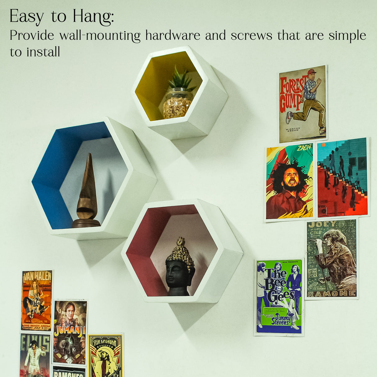 Modern Wooden Hexagon Wall Shelf Set of 3 – Geometric Floating Shelves