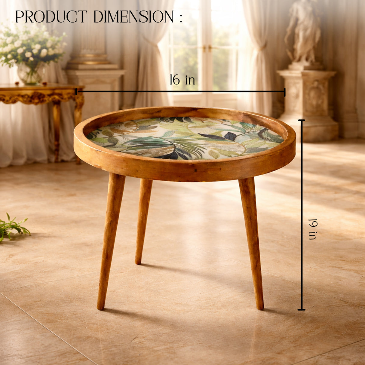 Handcrafted Wooden Round Side Table with Floral Inlay Top – Solid Wood Accent Table for Living Room, Bedroom & Home Décor