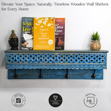 Handcrafted Wooden Floating Shelf with 4 Hooks for Keys, Hats, and Decor