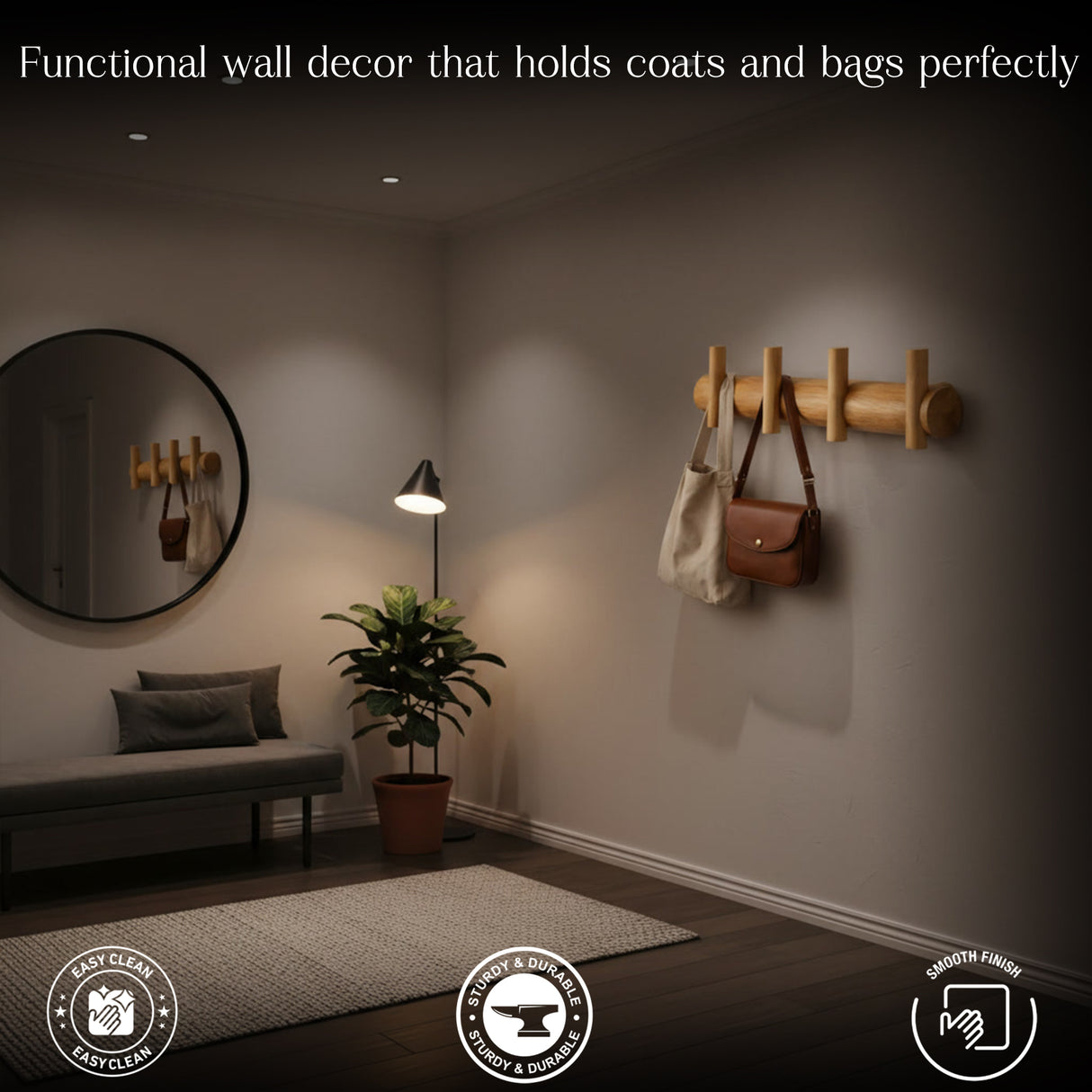 SALEBERATE Minimalist Solid Wood Wall Hooks – Modern Wooden Coat Rack for Entryway, Bedroom & Living Room | Stylish Wall Organizer for Bags, Keys & Accessories