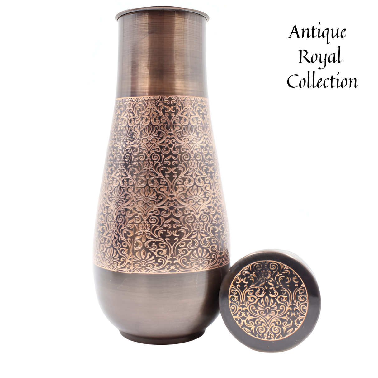 Antique Royal Copper Tulip Jar Set with 2 Embossed Glasses - Ayurvedic Gift Set