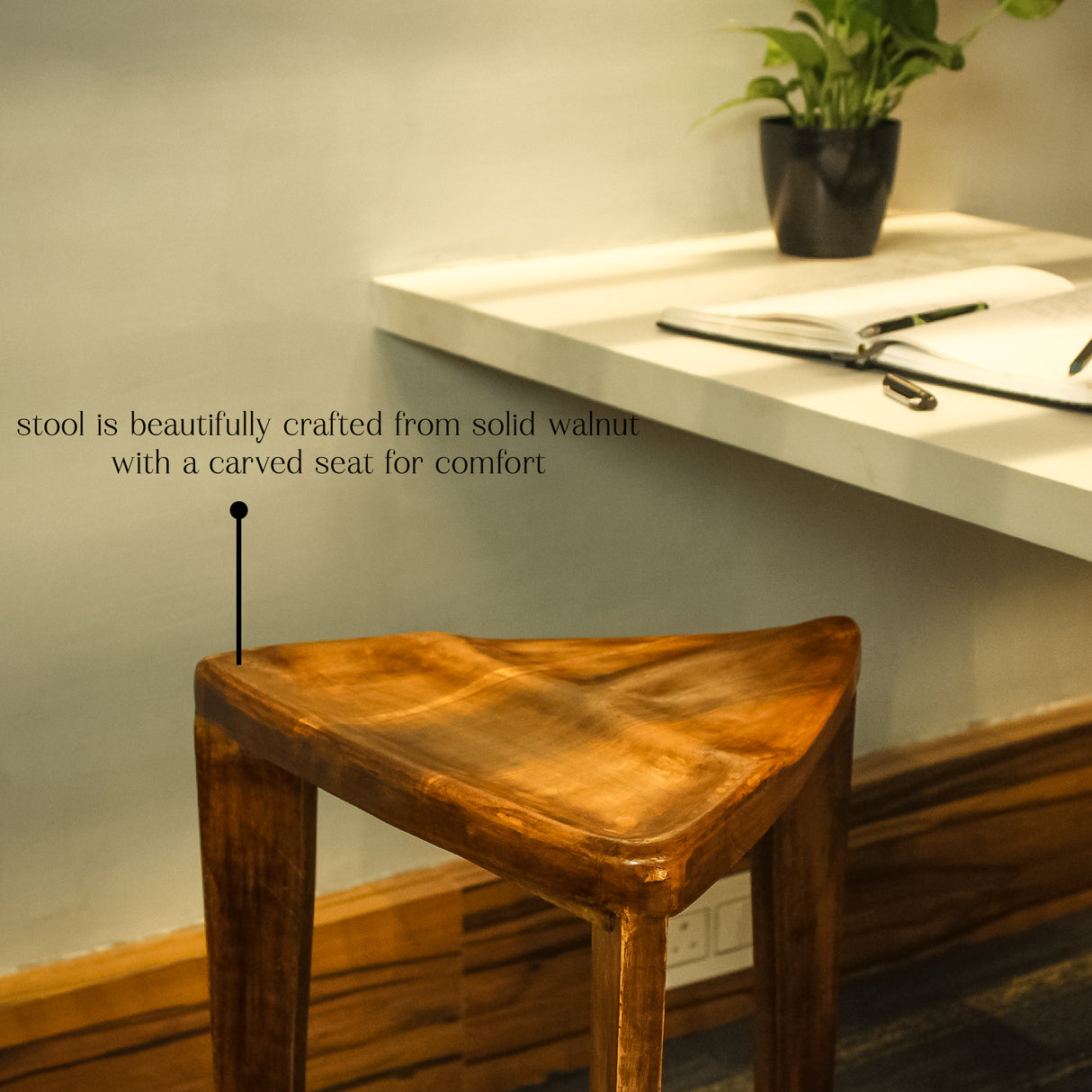 Saleberate Solid Walnut Wooden Triangle Stool - 24 Inch Bar Stool for Home, Kitchen & Café - Handcrafted Wooden Furniture with Premium Finish - Durable & Comfortable Seating