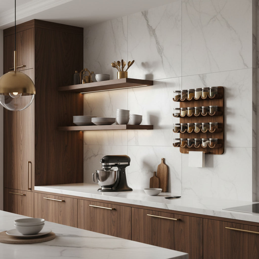 Premium Wooden Wall Spice Rack Organizer with Jars – Vertical Space Saving Masala Stand for Modern Kitchens