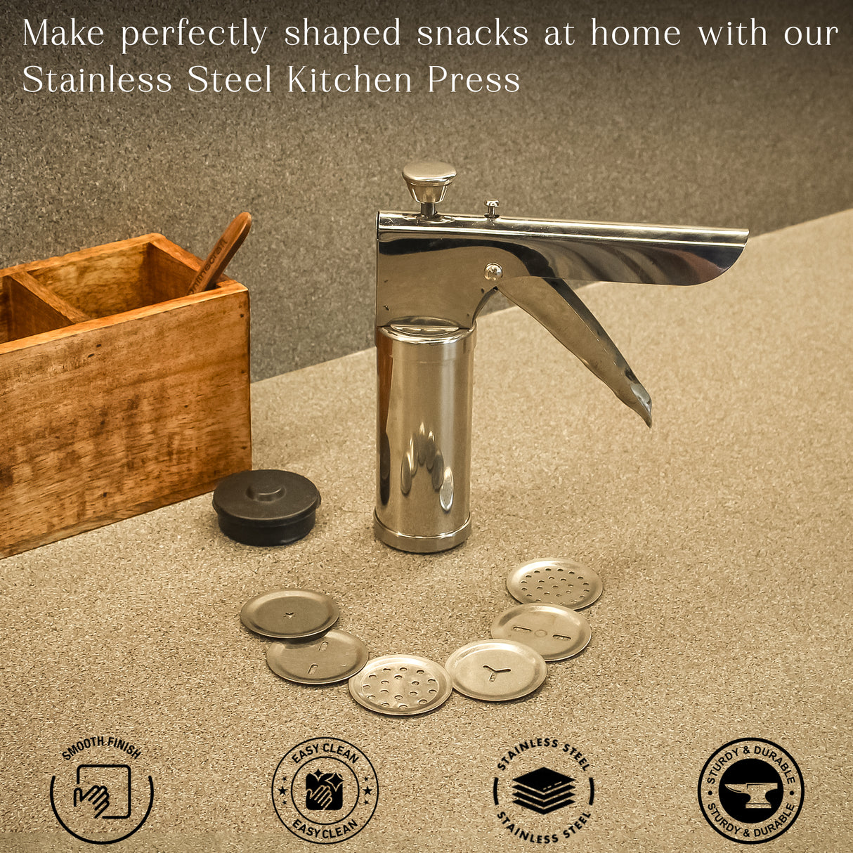 Stainless Steel Kitchen Press for Noodles, Murukku, Namkeen, and Snacks- Manual Sancha Sev Chakli Gathiya Sevaiya Maker- Silver Kitchen Tool