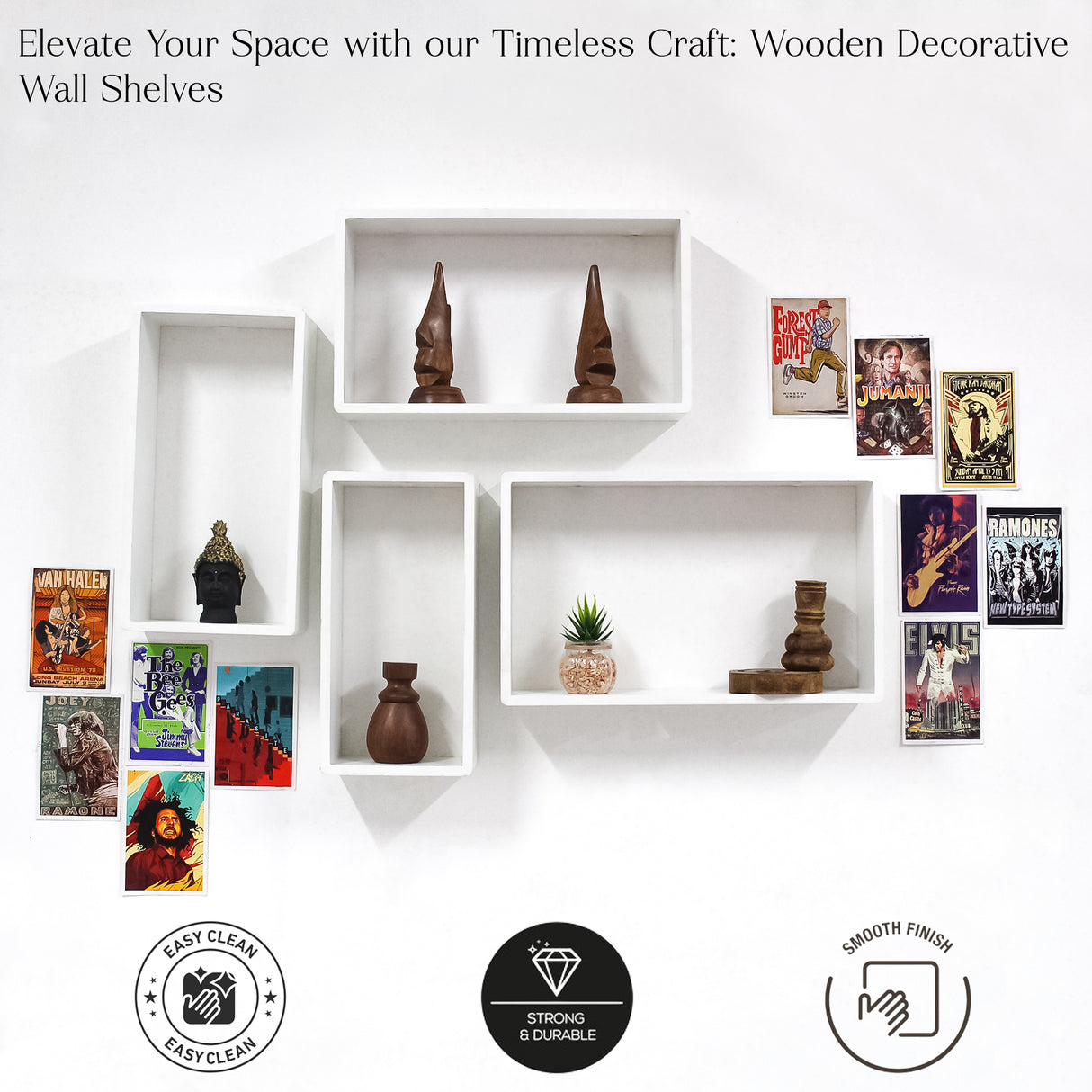 Rustic Modular Wooden Floating Shelves Set, 4-Piece Wall Storage Decor