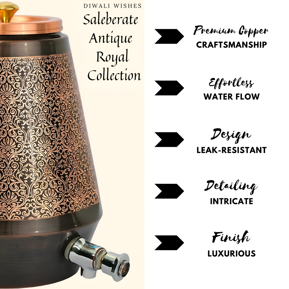 Antique Royal Copper Water Dispenser - 5L, Leak-Resistant, Elegant Home & Kitchen Decor