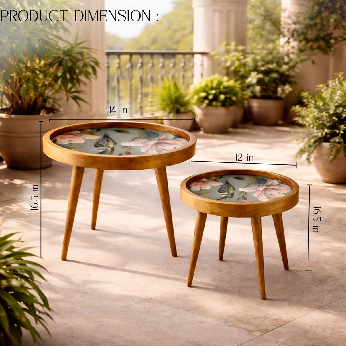 Handcrafted Wooden Round Coffee Table Set of 2 – Solid Wood Nesting Side Tables with Decorative Inlay Top for Living Room & Balcony