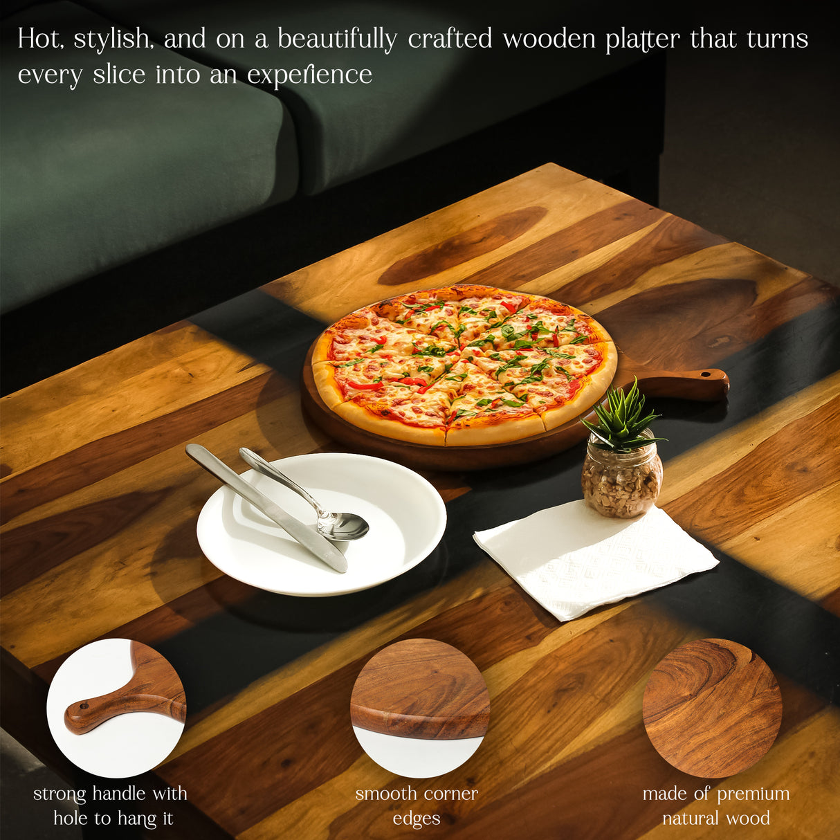 Acacia Wood Pizza Peel & Serving Board – 15" Round Paddle with Handle for Pizza, Bread & Charcuterie