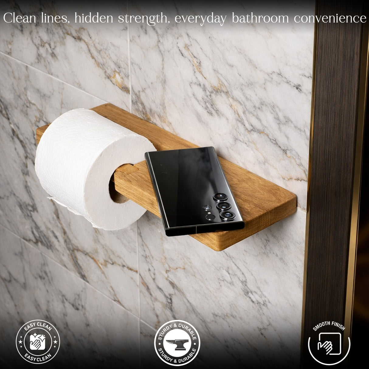 Wooden Toilet Paper Holder with Shelf – Stylish Bathroom Roll Holder with Phone Stand