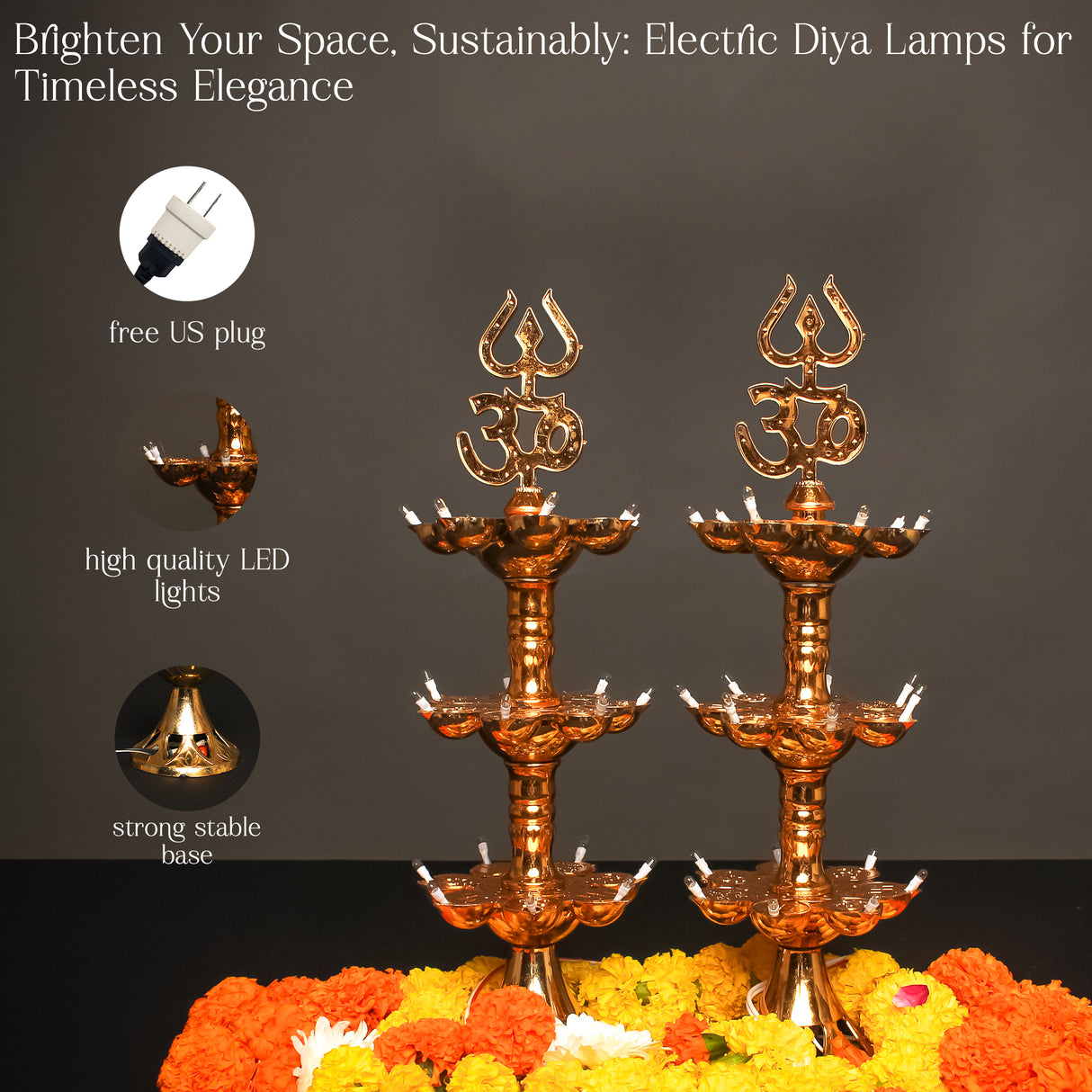 Get FREE Wall Hanging | Electric Diya Lamp for Mandir Décor | OM & Trishul Design | Multi-Level Deepam Vilakku for Diwali, Pooja, Temple, and Home Décor